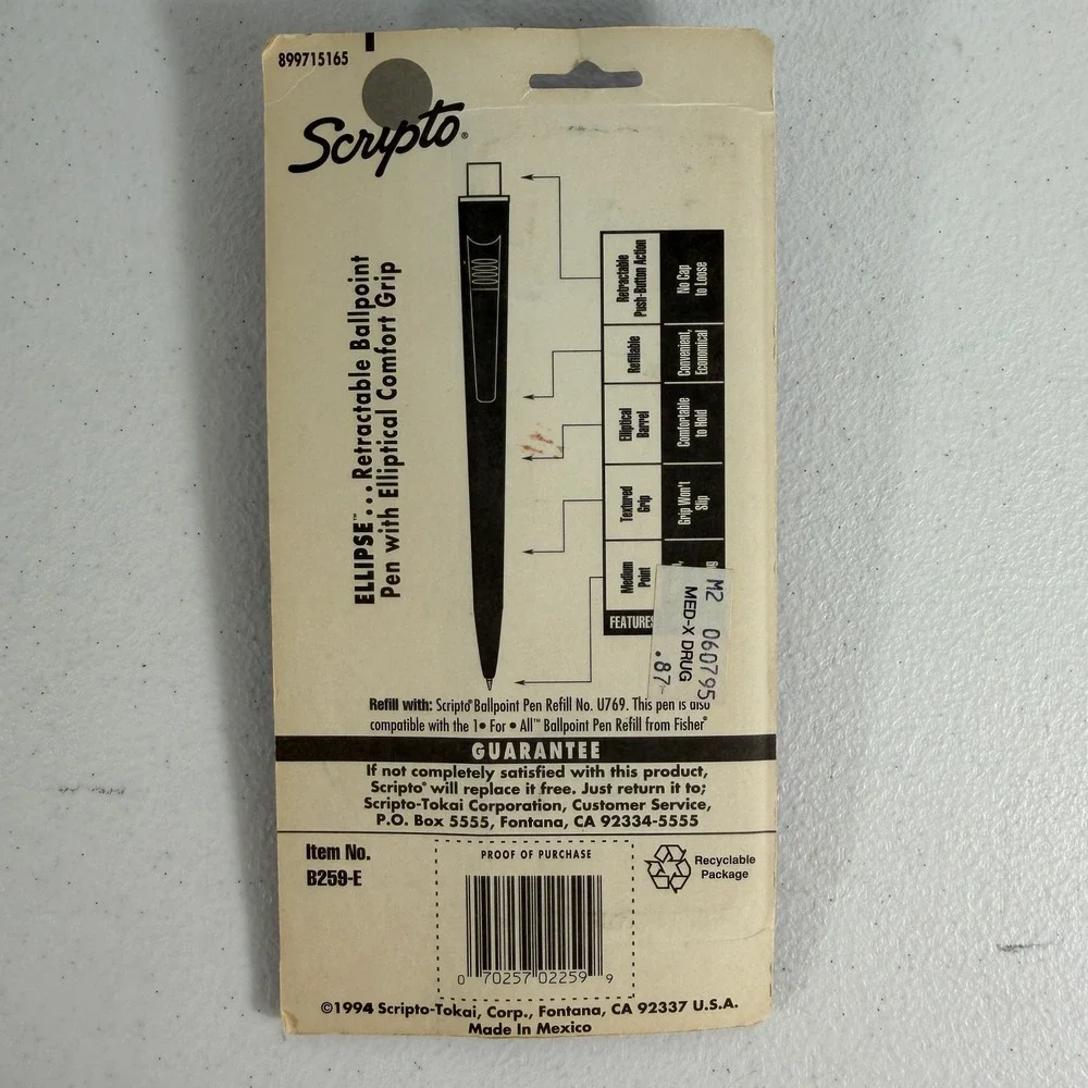 Scripto 3 Pack‎ Ballpoint Pens Ellipse Retractable Medium Point Black Ink 1994